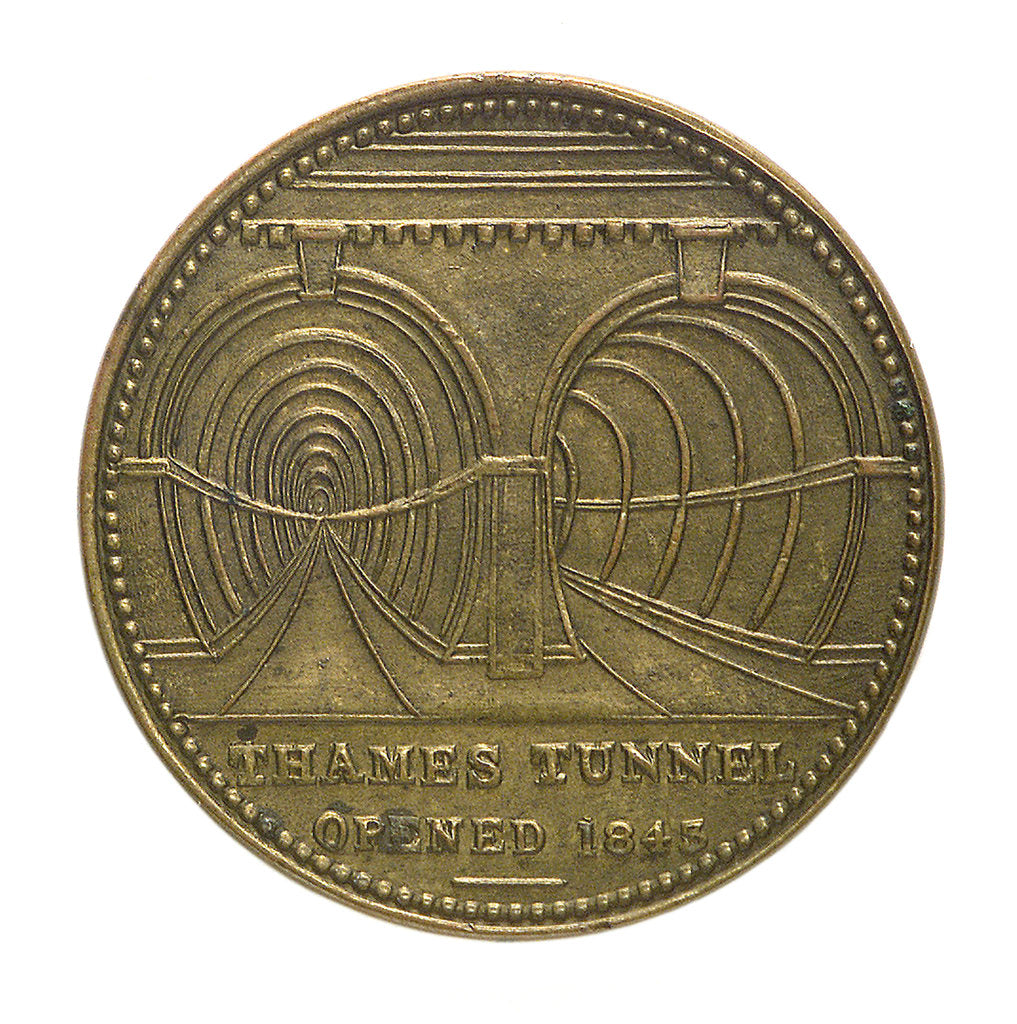 Detail of Counter commemorating the Thames tunnel and Trafalgar Square Memorial; obverse by unknown