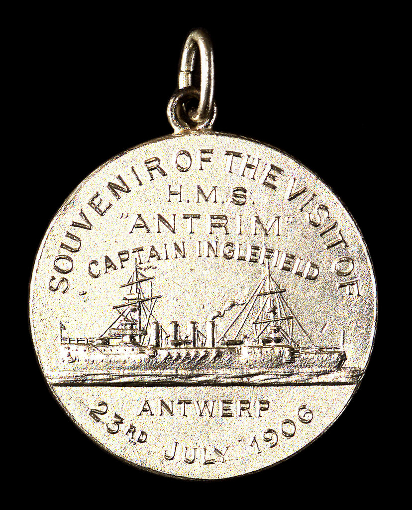 Detail of Medalet commemorating the visit of HMS 'Antrim' Captain Inglefield to Antwerp, 1906; reverse by J. Baetes