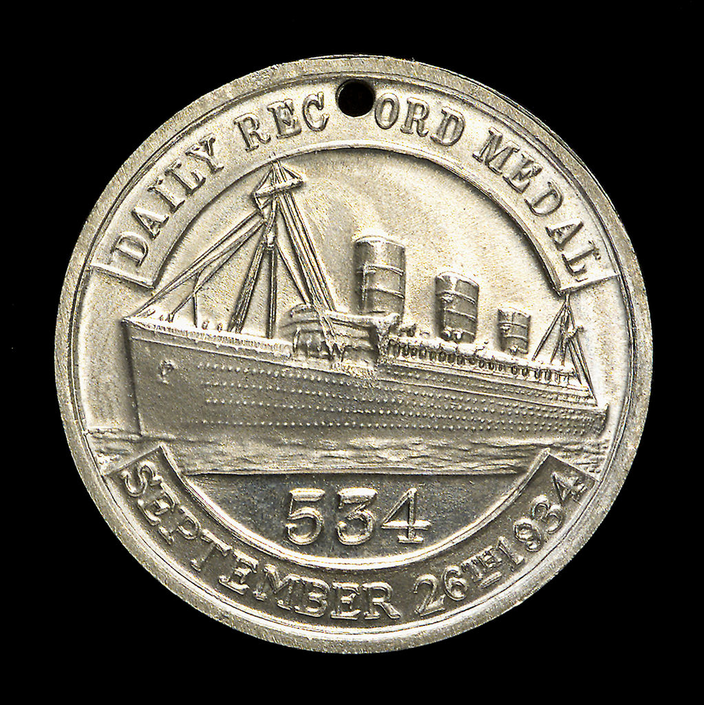 Detail of Daily Record medalet commemorating RMS 534 ('Queen Mary'); reverse by unknown