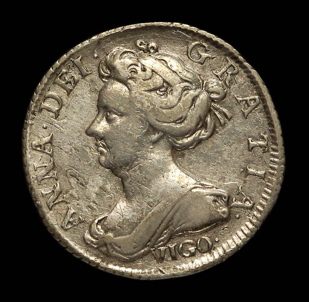 Detail of Vigo sixpence; obverse by unknown