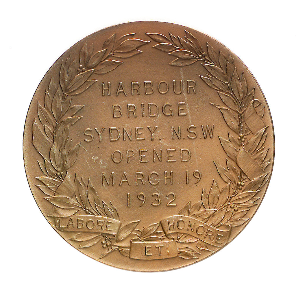 Detail of Medal commemorating the opening of Sydney Harbour bridge, 1932; reverse by R.M. Phipps