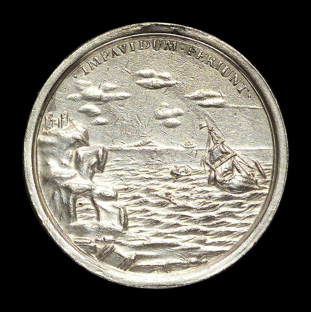 Detail of Medal commemorating The Duke of York wrecked, 1682; reverse by George Bower