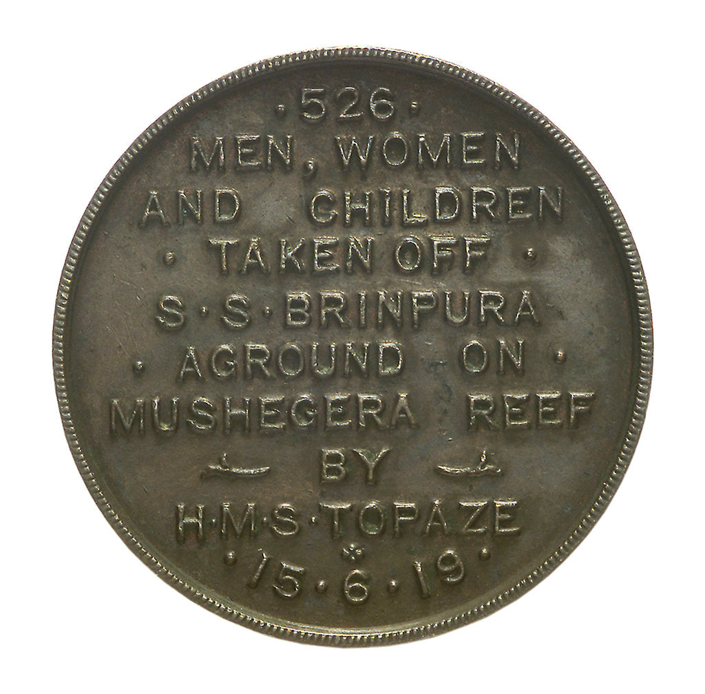 Detail of Medal commemorating the wreck of SS 'Brinpura', 1919; obverse by unknown