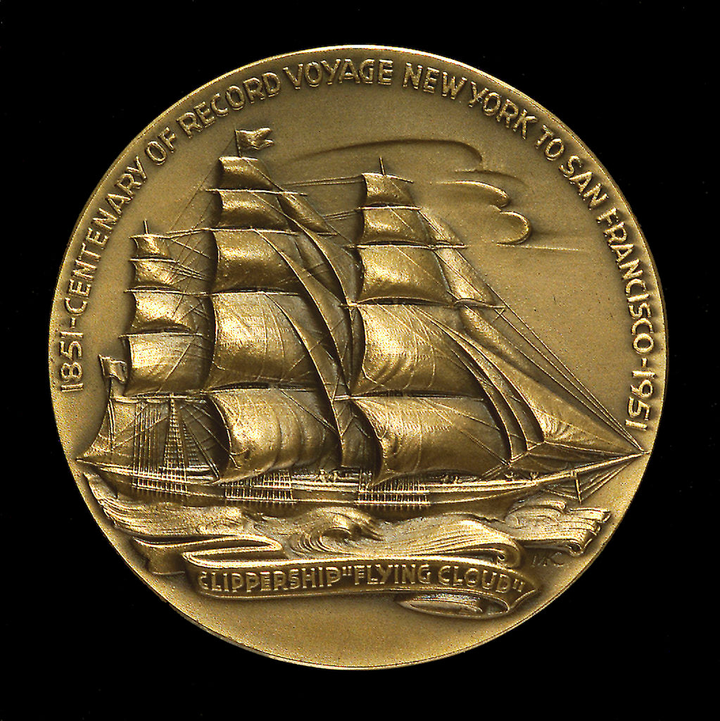 Detail of Medal commemorating the centenary of the voyage of the 'Flying Cloud', 1951; obverse by M.K. and Holland