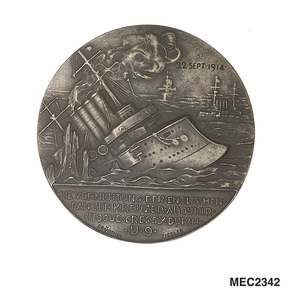 Detail of Medal commemorating the sinking of the cruisers 'Aboukir', 'Hogue' and 'Cressy' by 'U9.', 1914; reverse by H. Ziegler