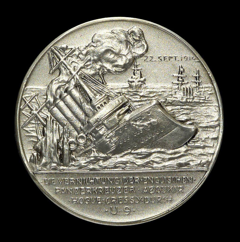 Detail of Medal commemorating the destruction of the English armoured cruisers 'Aboukir', 'Hogue' and 'Cressy' by 'U9', 1914; obverse by H. Ziegler