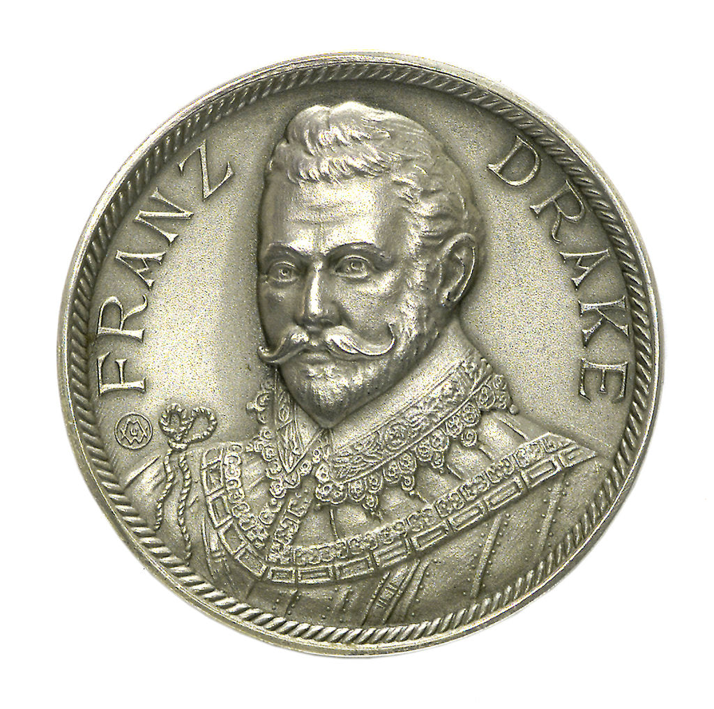 Detail of Medal commemorating Sir Francis Drake and the Atlantic crossing; obverse by M.U.W.