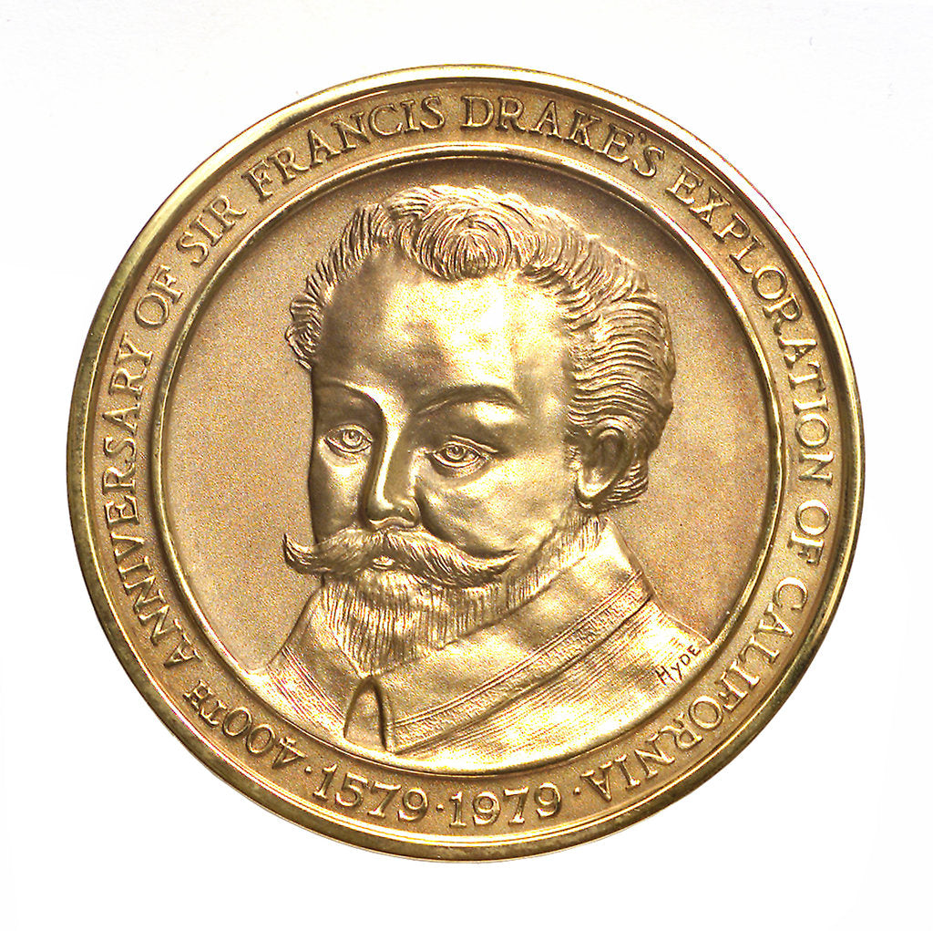 Detail of Medal commemorating the 400th anniversary of Francis Drake's exploration of California, 1979; obverse by Hyde