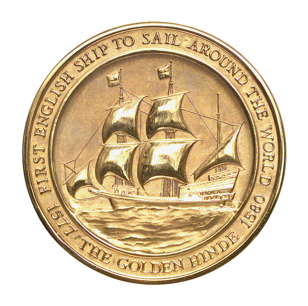 Detail of Medal commemorating the 400th anniversary of Francis Drake's exploration of California, 1979; reverse by Hyde