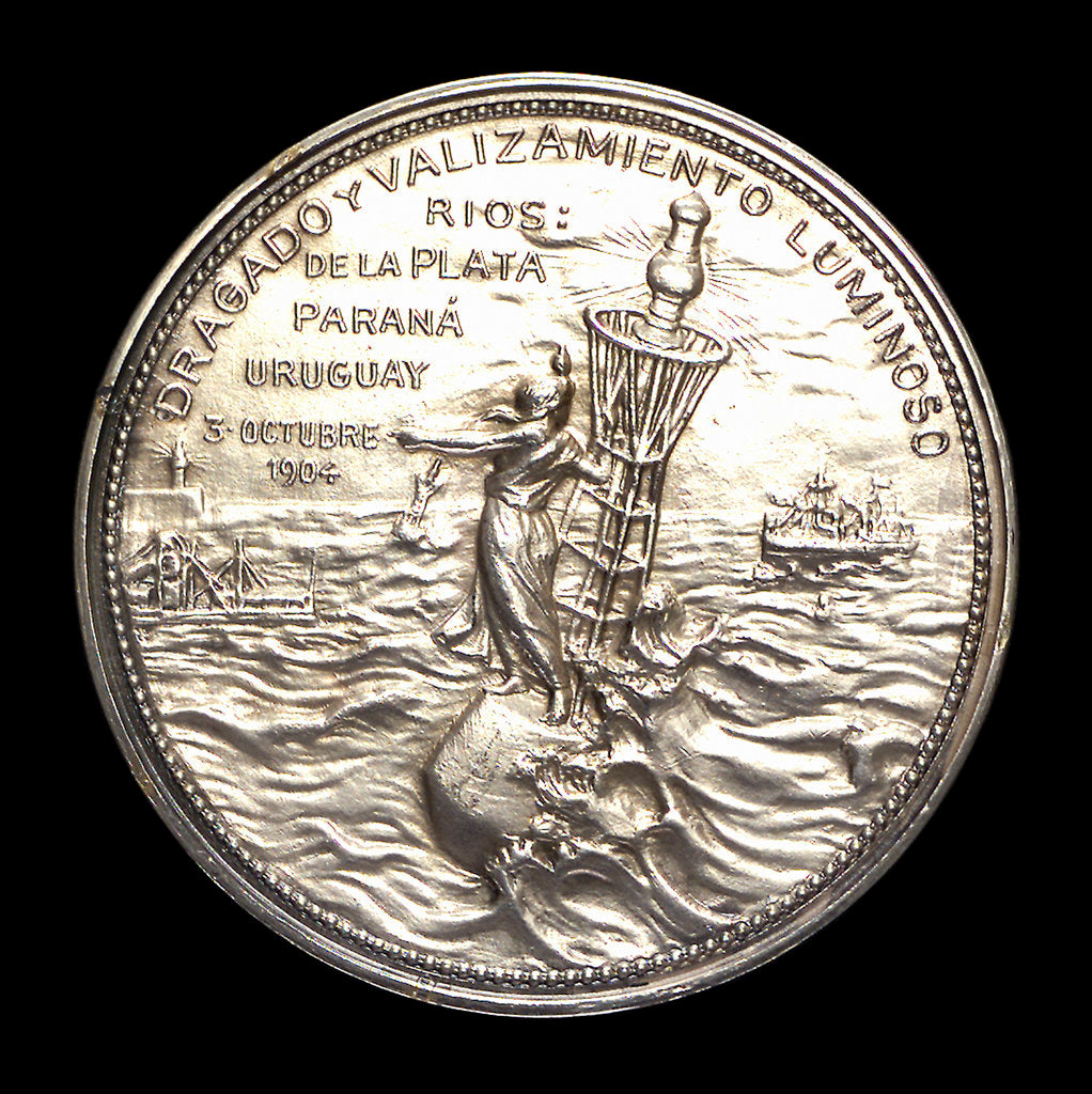 Detail of Medal commemorating the dredging and installation of lighted buoys on the rivers La Plata, Parana and Uruguay; obverse by J. Gottuzzo