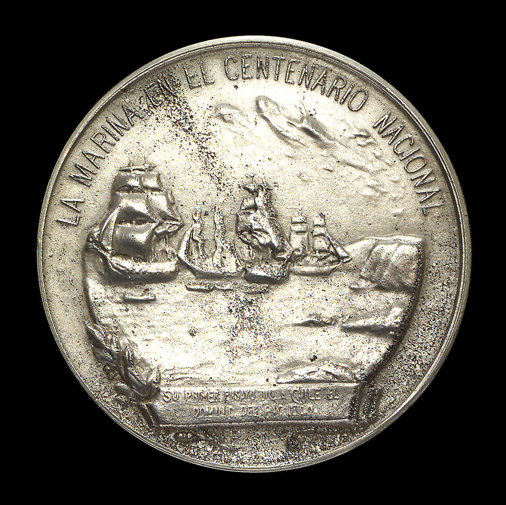 Detail of Medal commemorating the centenary of the revolt of the Chilean Fleet, Admiral Cochrane and Admiral Blanco, 1910; reverse by G. Cordova