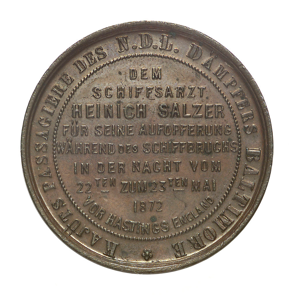 Detail of Medal commemorating the N.D.L. Steamer 'Baltimore'; reverse by unknown