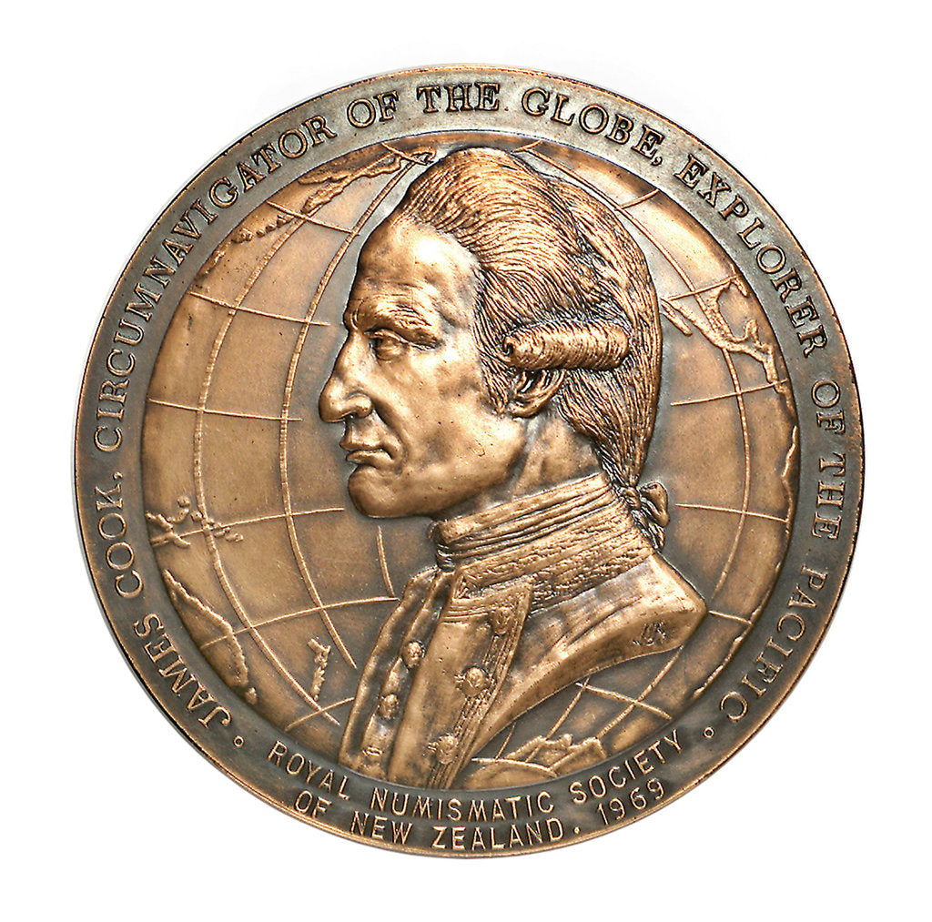 Detail of Medal commemorating the bicentenary of James Cook's rediscovery of New Zealand, 1969; obverse by Royal Australian Mint