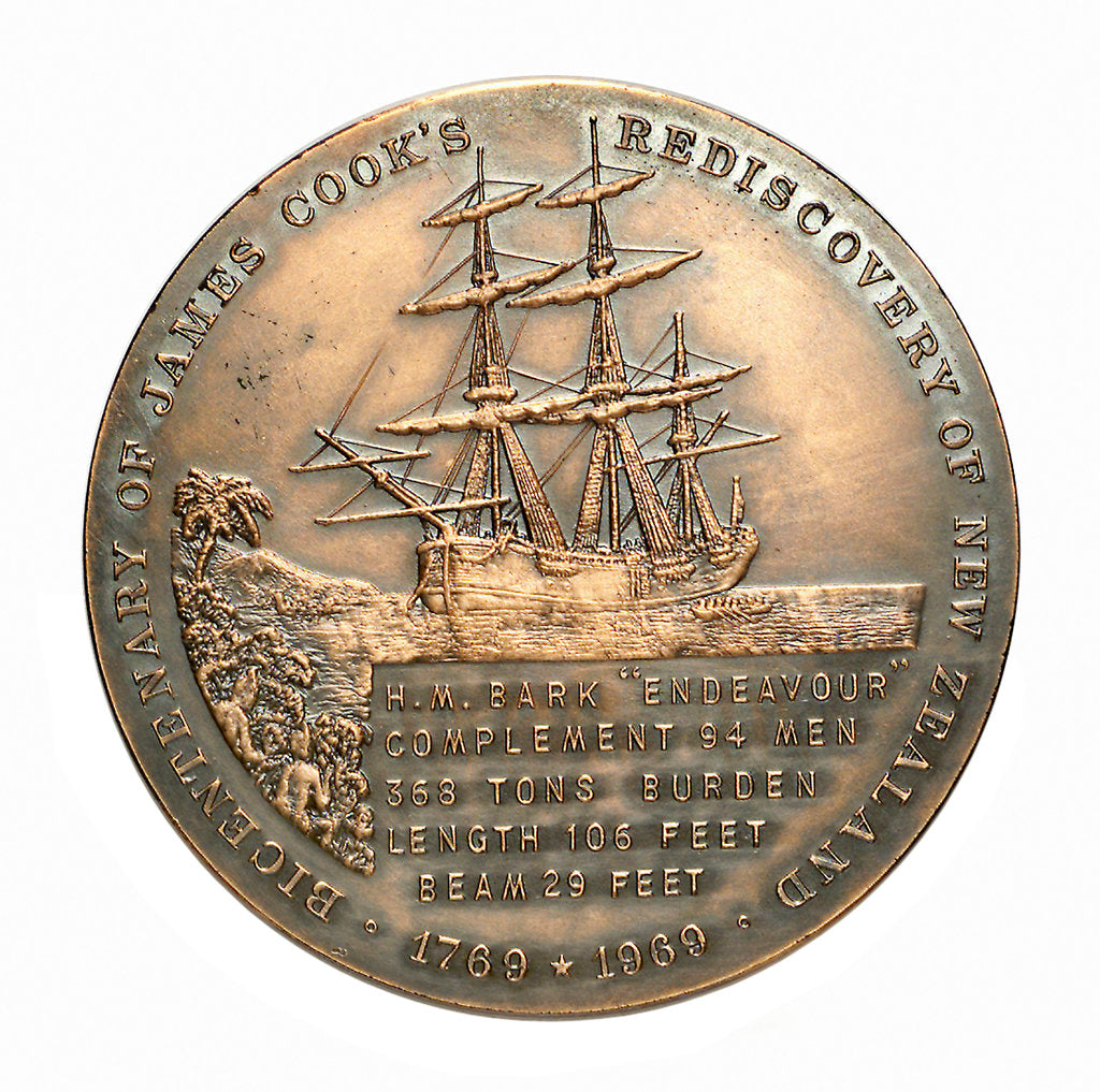Detail of Medal commemorating the bicentenary of James Cook's rediscovery of New Zealand, 1969; reverse by Royal Australian Mint