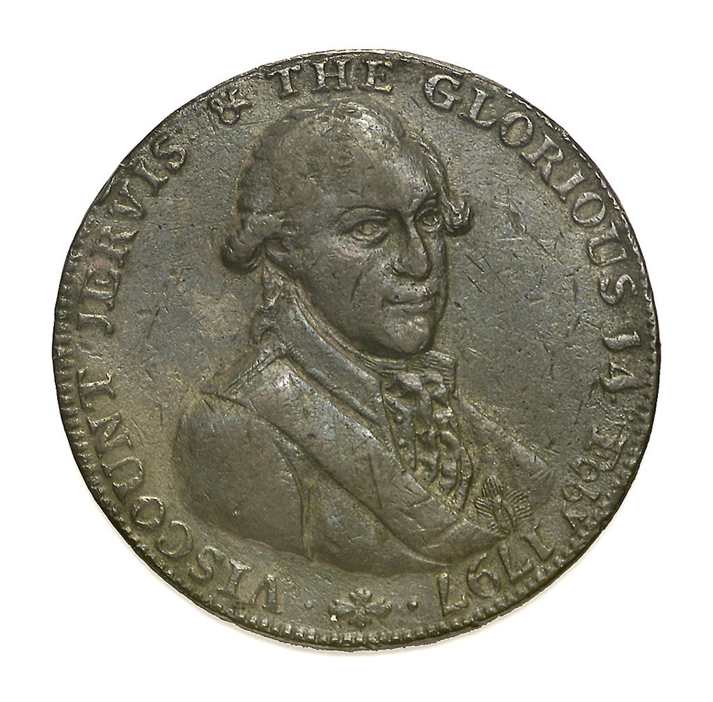 Detail of A Portsmouth halfpenny token commemorating John Jervis, Earl St Vincent (1735-1823) and the Battle of Cape St Vincent, 1797; obverse by unknown