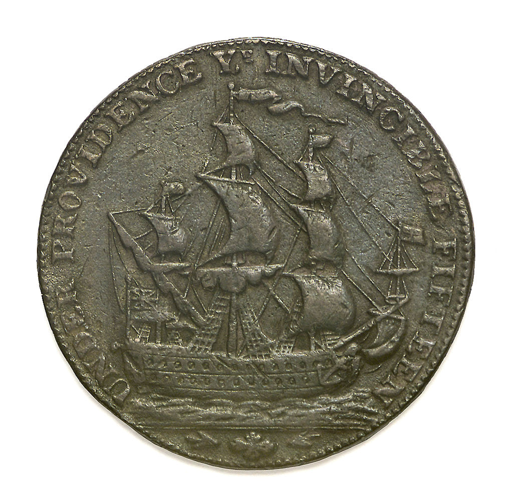 Detail of A Portsmouth halfpenny token commemorating John Jervis, Earl St Vincent (1735-1823) and the Battle of Cape St Vincent, 1797; reverse by unknown
