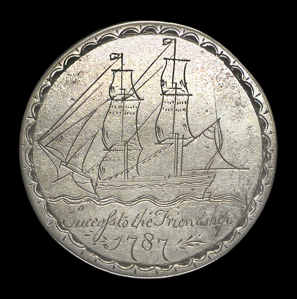 Detail of Engraved commemorative coin depicting convict ship 'Friendship'; obverse by unknown