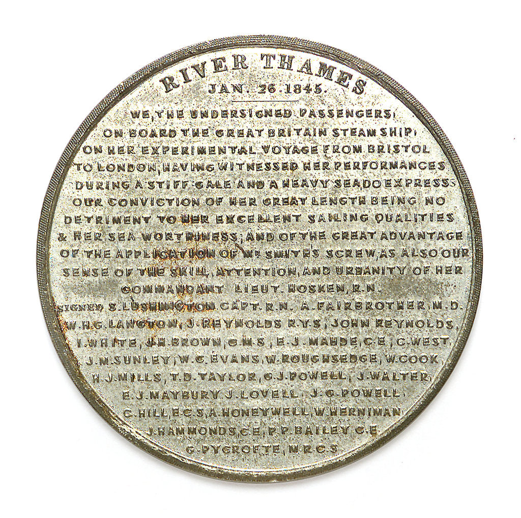 Detail of Medal commemorating the SS 'Great Britain', experimental voyage from Bristol to London, 1845; reverse by unknown