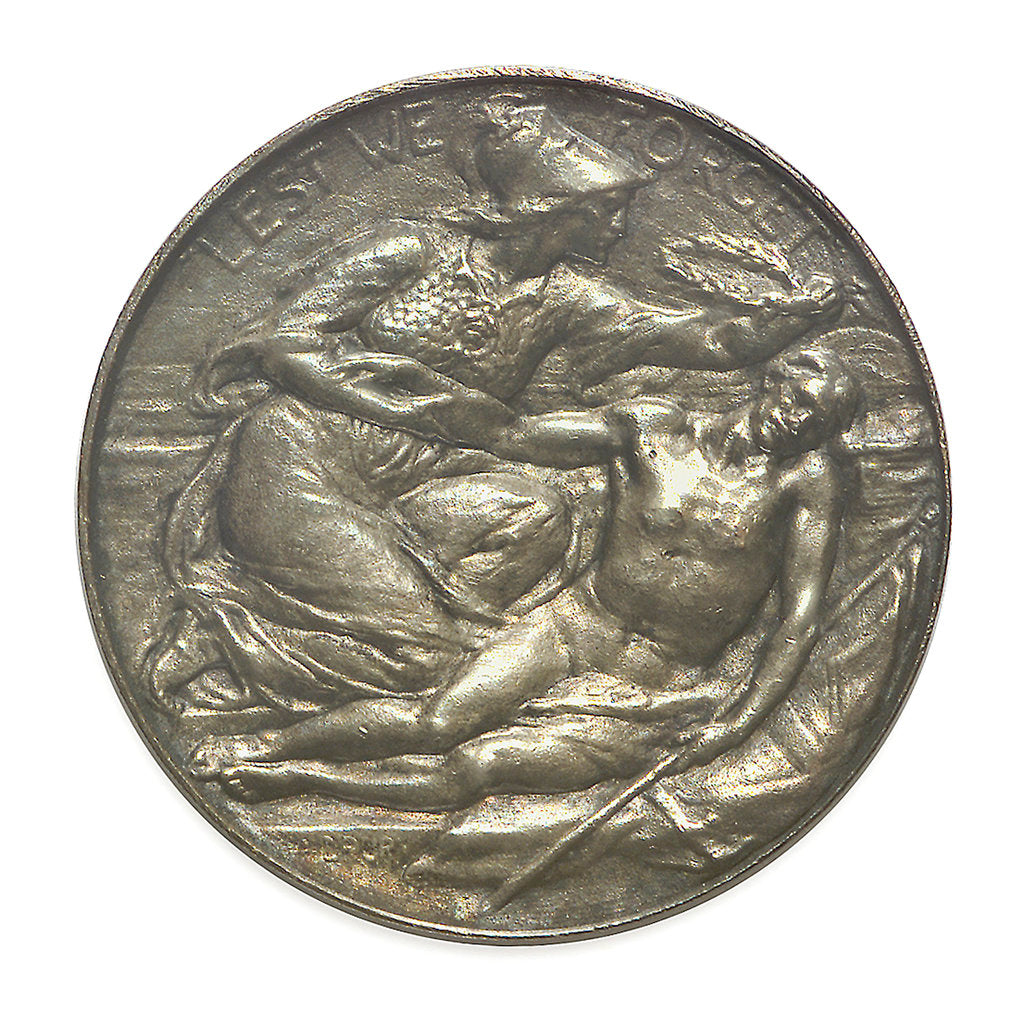 Detail of Commemorative medal bearing the words 'Lest We Forget'; obverse by A. Drury