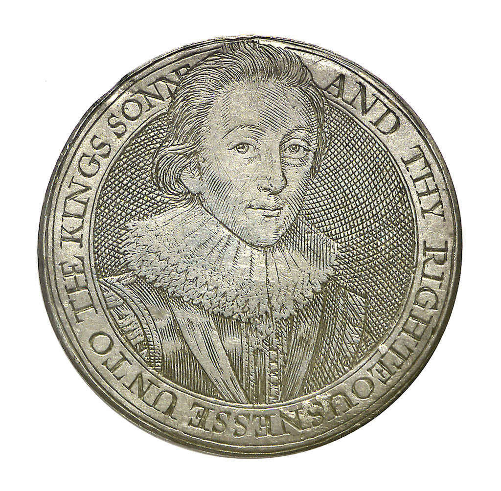 Detail of Commemorative counter depicting King James I and Prince Charles; reverse by unknown