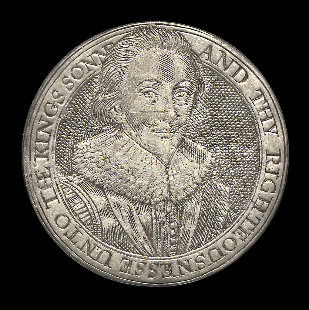 Detail of Commemorative counter depicting King James I and Prince Charles; reverse by unknown
