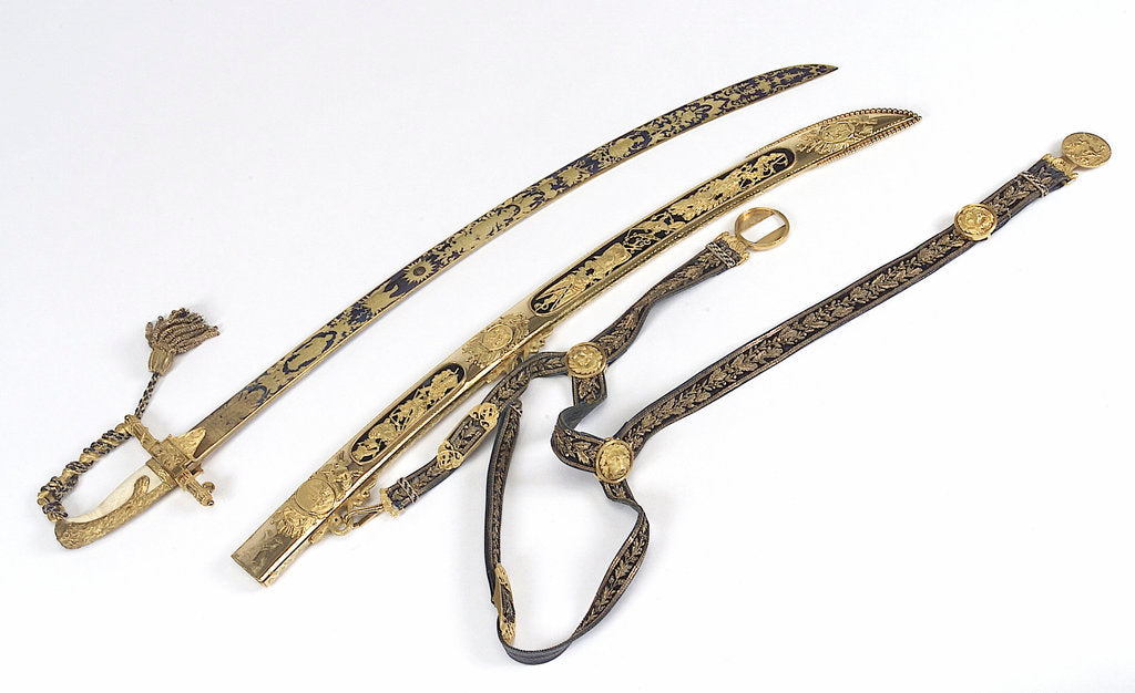 Detail of Presentation sword, with Trafalgar scabbard and sword belt by R. Teed