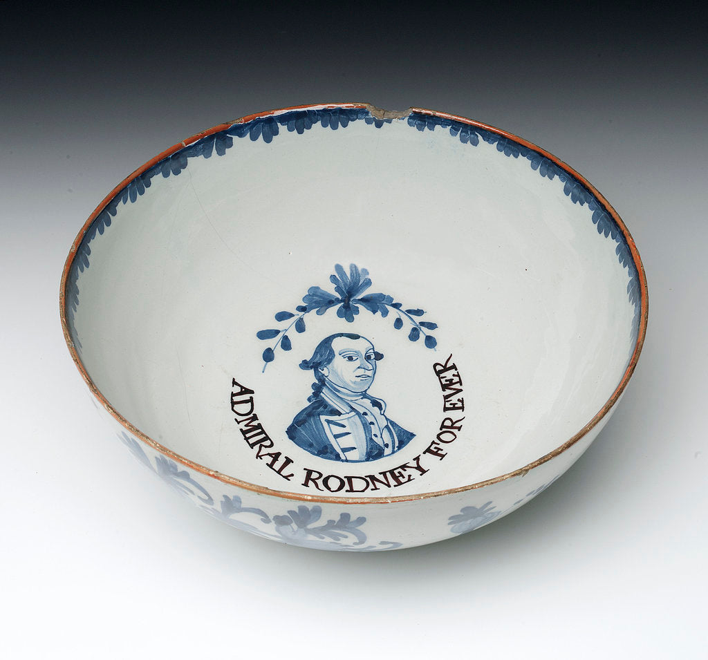 Detail of Bowl with a portrait of Admiral Sir George Brydges Rodney (1719-1792) by unknown