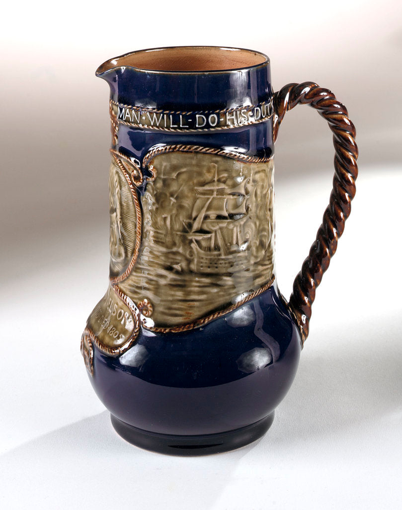 Detail of Trafalgar centenary commemorative hot water jug by Doulton & Co. Ltd.