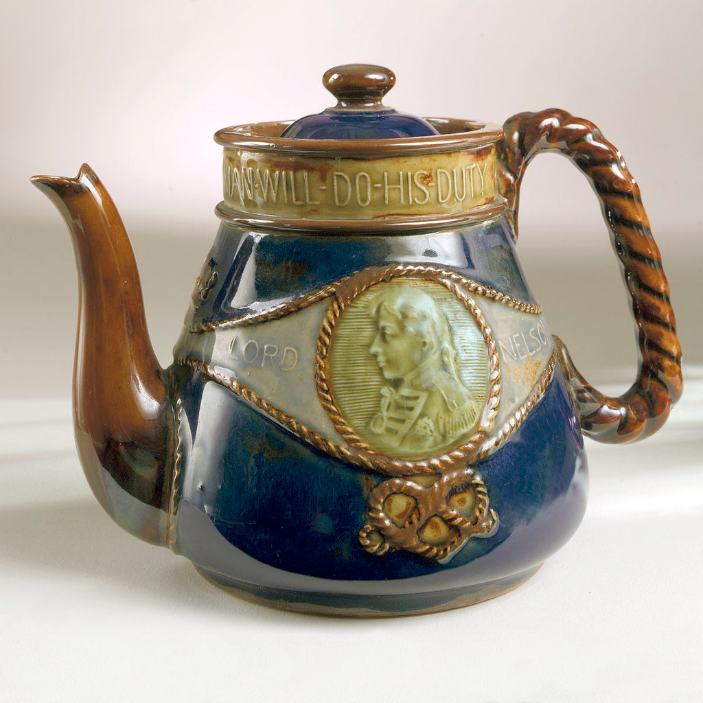 Detail of Trafalgar centenary commemorative teapot and lid by Doulton & Co. Ltd.