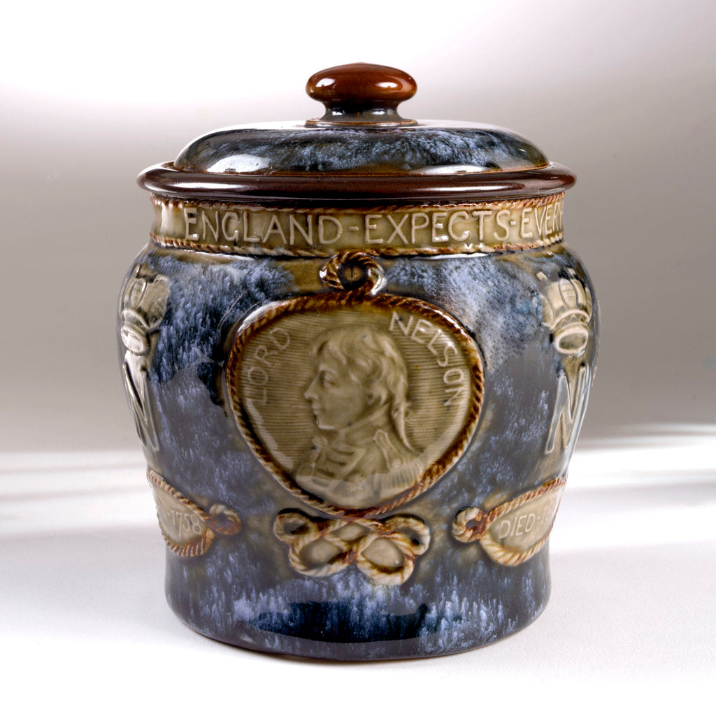 Detail of Trafalgar centenary commemorative tobacco jar and lid by Doulton & Co. Ltd.