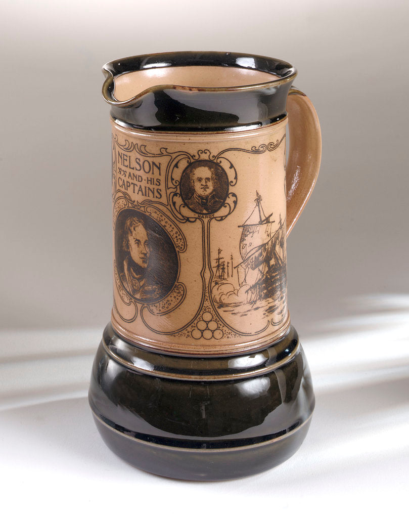 Detail of Trafalgar centenary commemorative hot water jug by Doulton & Co. Ltd.