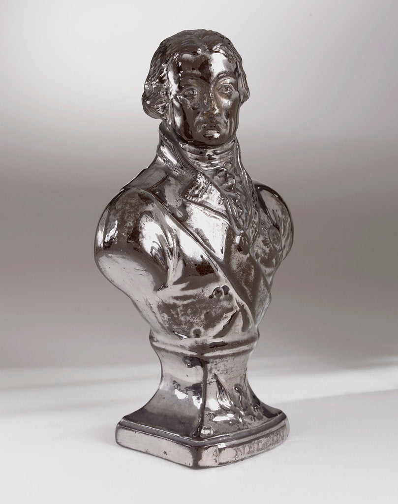 Detail of Brown earthenware bust with a silver lustre glaze depicting Vice-Admiral Horatio Nelson (1758-1805) by Doulton & Co. Ltd.