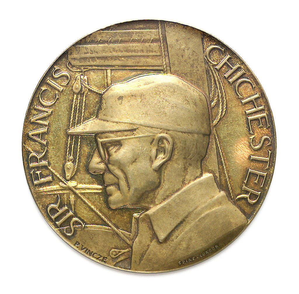 Detail of Commemorative medal depicting Sir Francis Chichester (1901-1972) and 'Gypsy Moth IV'; obverse by Spink & Son Ltd.