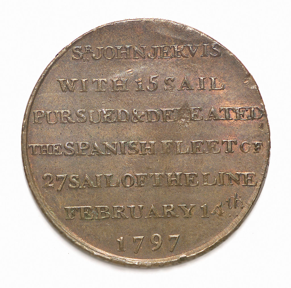 Detail of Portsmouth halfpenny token commemorating John Jervis, Earl St Vincent (1735-1823) and the battle of Cape St Vincent, 1797; reverse by T. Wyon