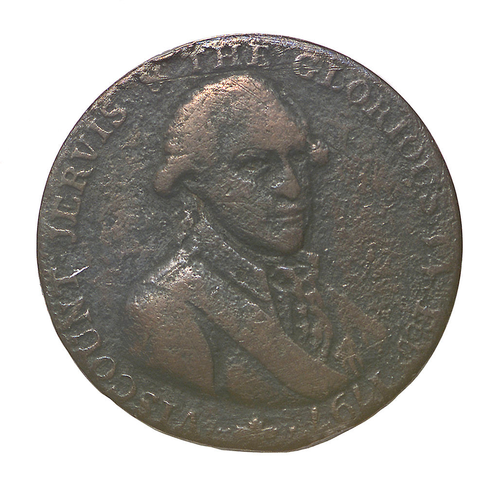 Detail of A Portsmouth halfpenny commemorating John Jervis, Earl St Vincent (1735-1823) and the battle of Cape St Vincent, 1797; reverse by J. Pitt