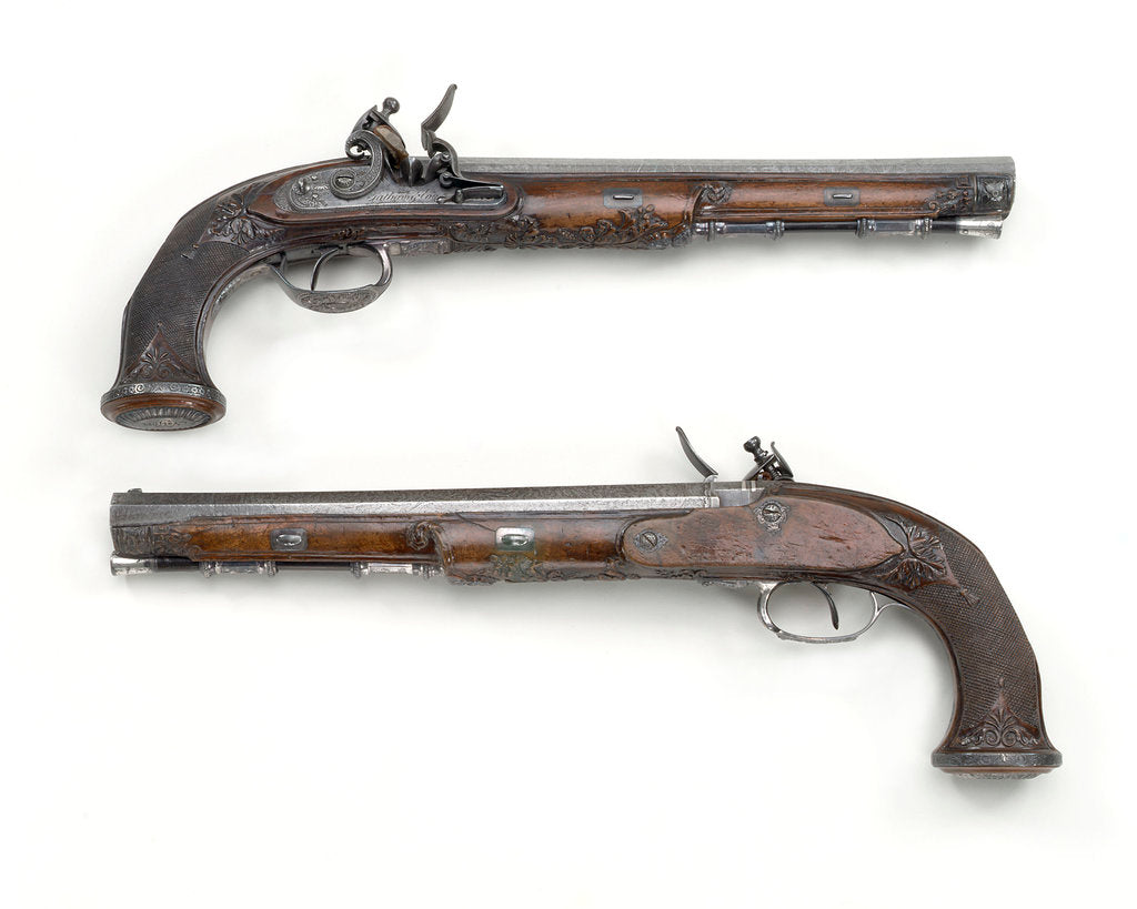 Detail of Flintlock pistols by Tatham & Egg