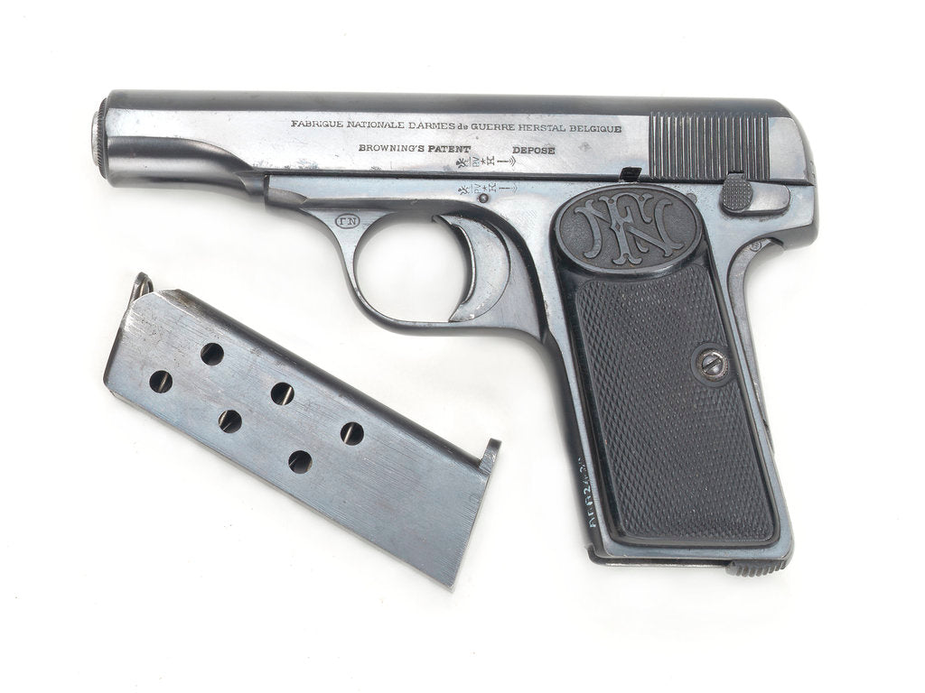 Detail of Automatic pistol owned by Admiral of the Fleet, the Viscount Jellicoe 1859-1935 by Fabrique Nationale d'Armes de Guerre SA