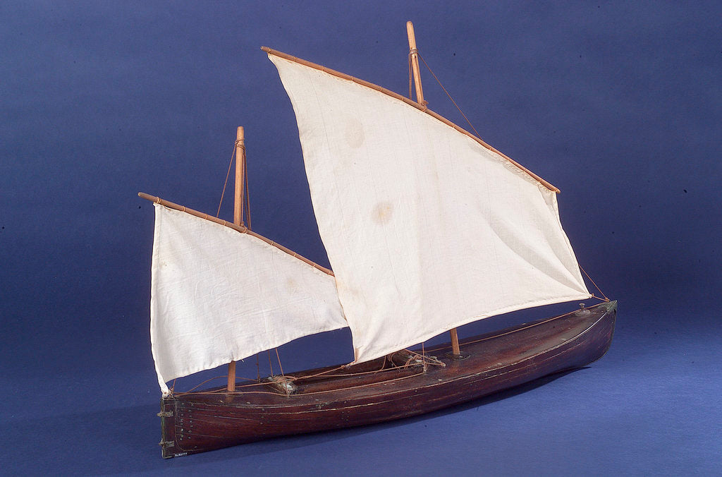 Detail of Full hull model, two masted open boat, starboard stern quarter by unknown