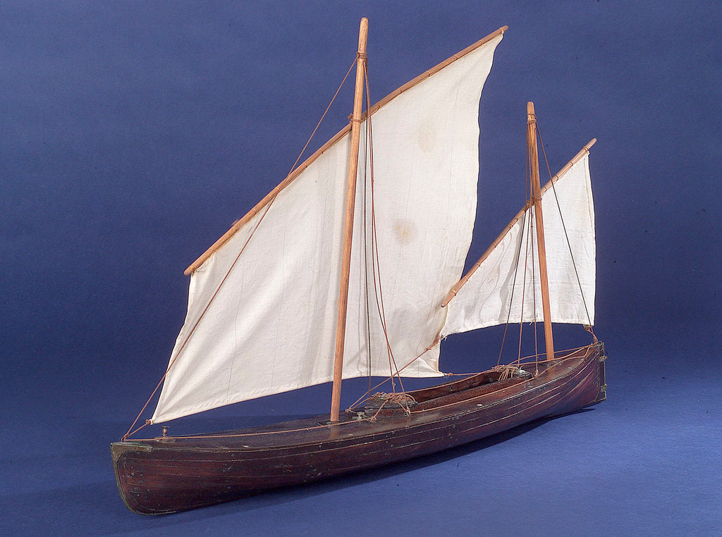 Detail of Full hull model, two masted open boat, port by unknown