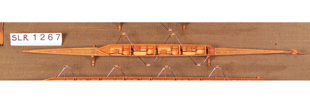 Detail of Full hull model, racing four shell, port broadside by unknown