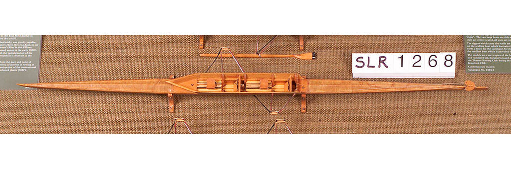 Detail of Full hull model, racing pair shell, port broadside by unknown