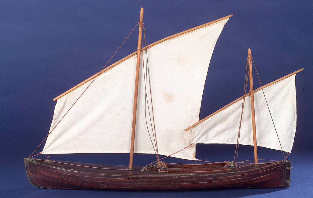 Detail of Full hull model, two masted open boat, port broadside by unknown