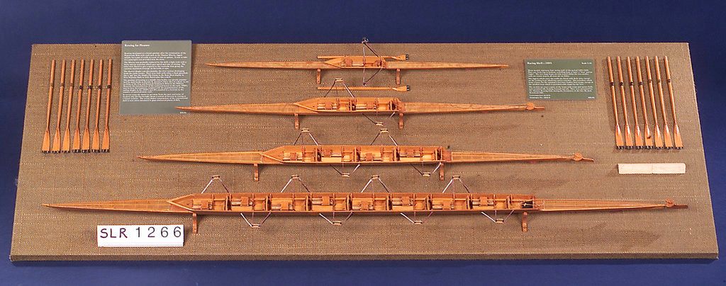 Detail of Full hull model, 8 oared racing vessel, port broadside by unknown