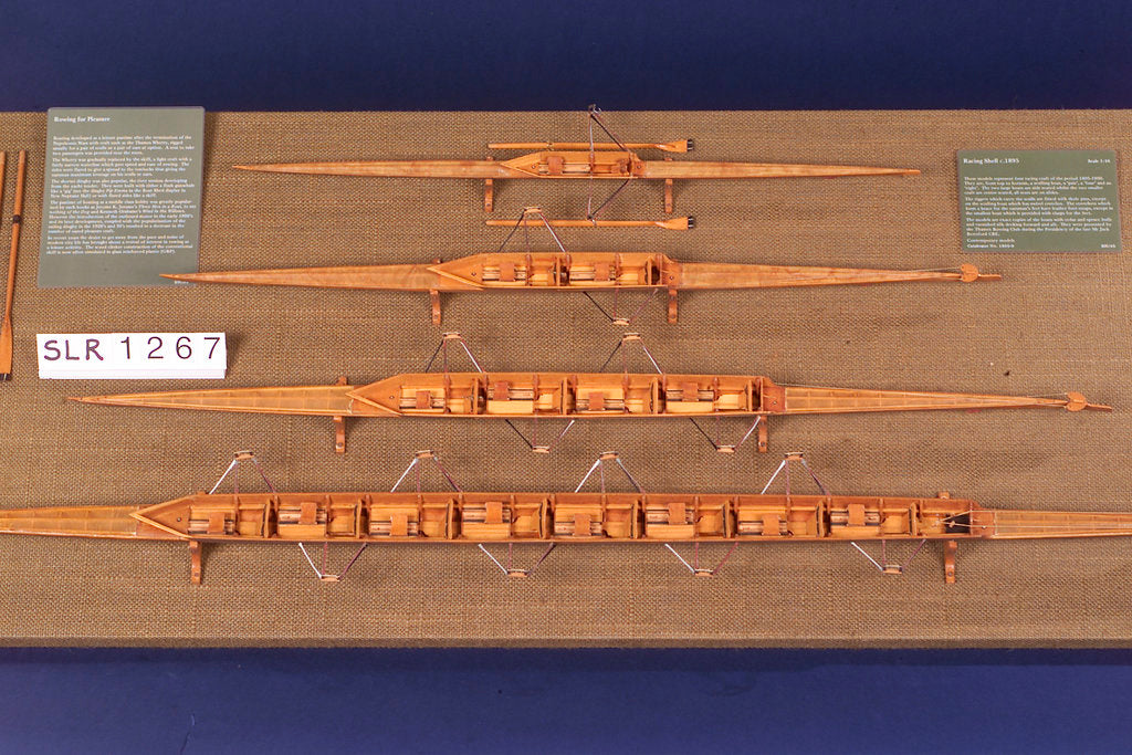 Detail of Full hull model, racing four shell, port broadside by unknown