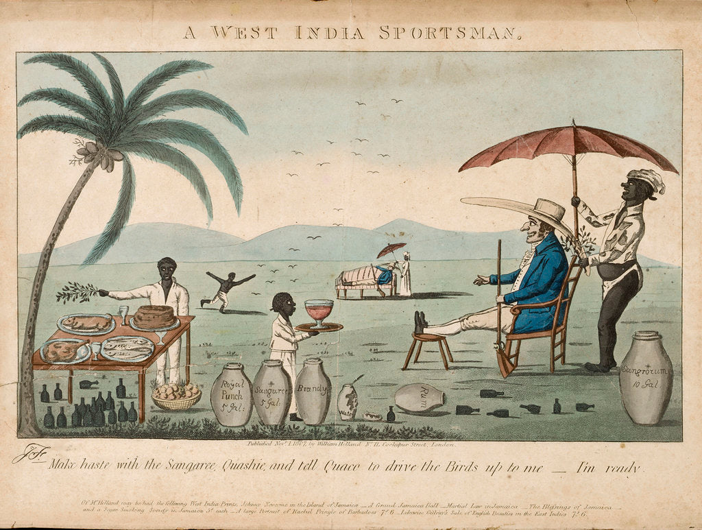 Detail of A West India Sportsman: Make haste with the Sangaree, Quashaie, and tell Quaco to drive the Birds up to me - I'm ready by James Sayers