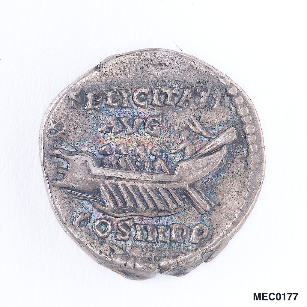 Detail of Classical coin depicting Emperor Hadrian and a Roman galley by unknown