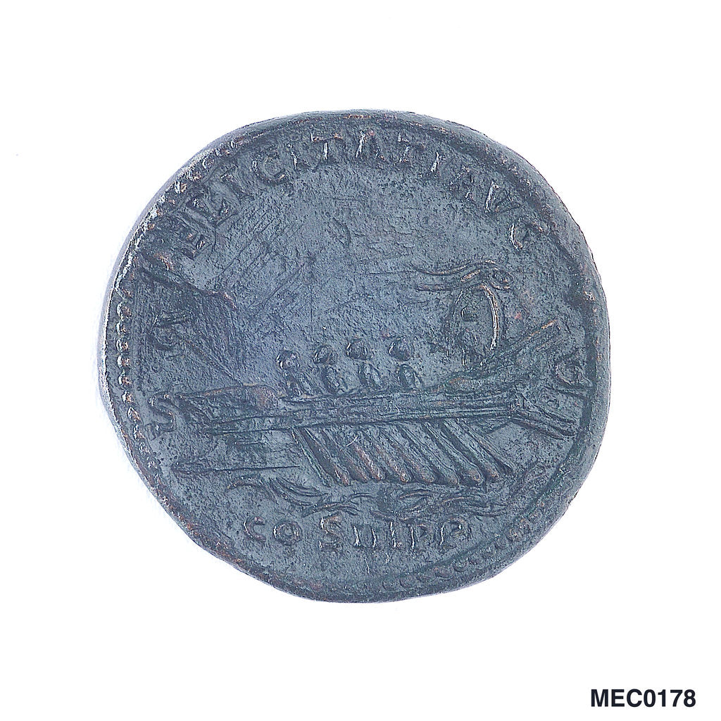 Detail of Classical coin depicting Emperor Hadrian and a Roman galley by unknown