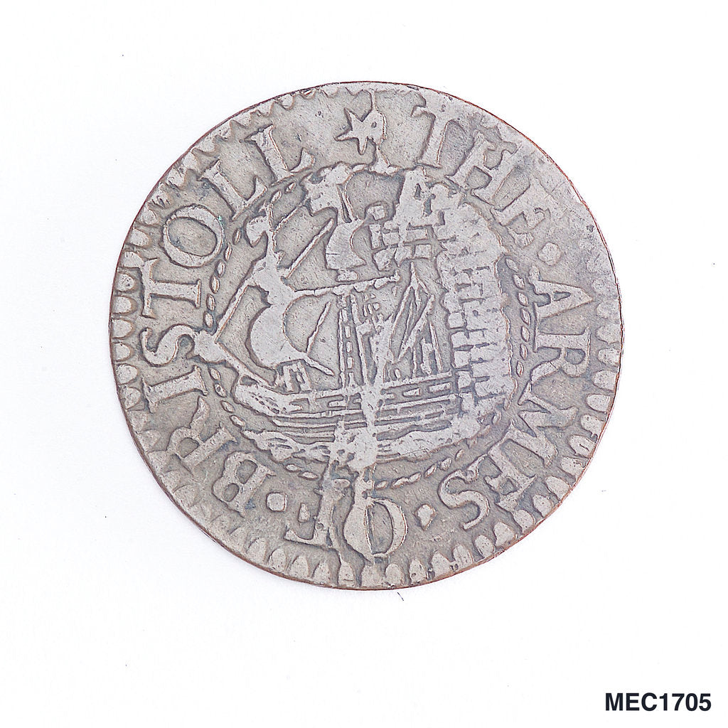 Detail of Bristol farthing token by T. Rawlins