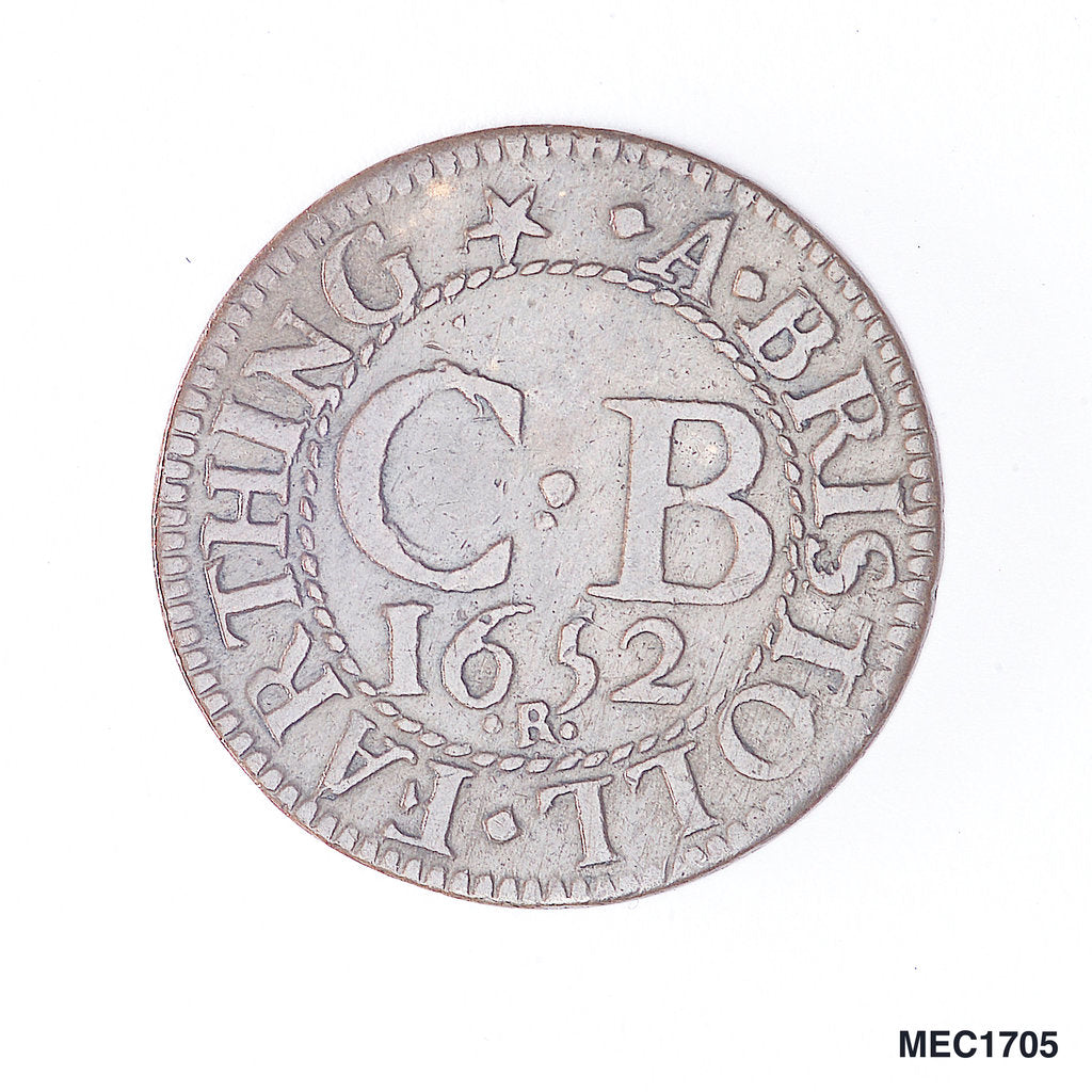 Detail of Bristol farthing token by T. Rawlins