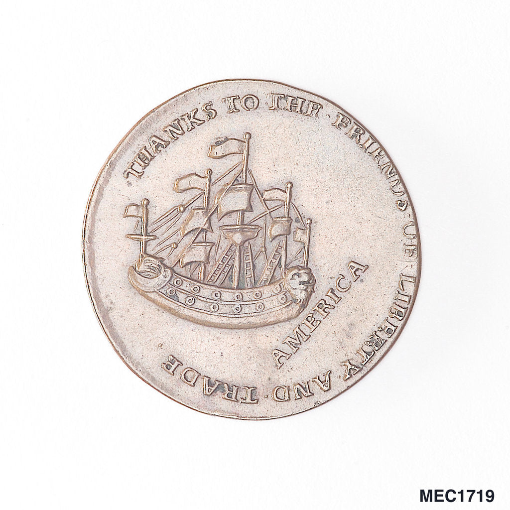 Detail of Halfpenny token commemorating the repeal of the Stamp Act, 1766 by unknown